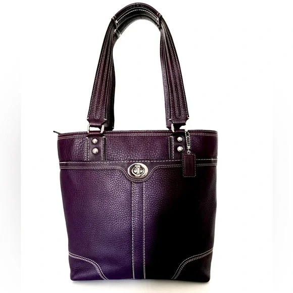 Vintage Coach Hamptons Turnlock Tote F13959 Plum Pebbled Leather - Picture 2 of 13